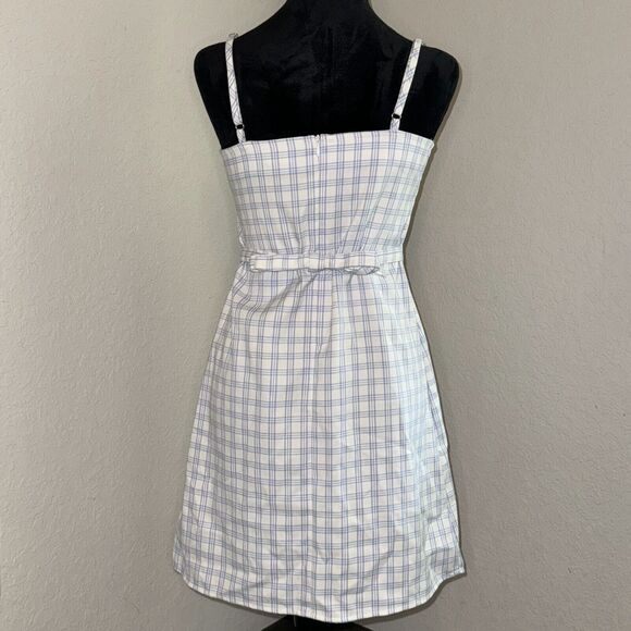 John Galt Mini Fit & Flare Dress Women's White Blue Plaid Straps Belted Back Zip - Picture 3 of 8